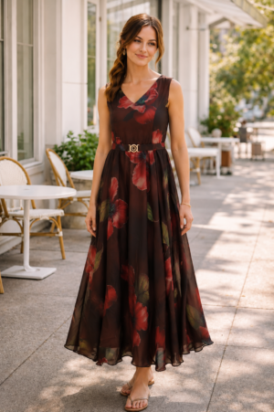 1595FL  Women's Premium Midnight Floral Imported Fabric Designer Gown 1595FL-427-BRW