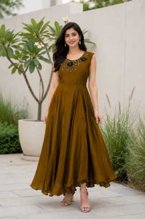 1275EM Ladies Imported Fabric Gown – Elegant Embroidered Flared Gown 1275EM-441-GLD