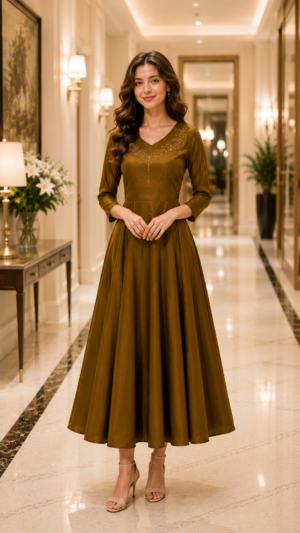 1695EM Women's Premium Olive Gold Imported Fabric Elegant Anarkali Dress 1695EM-427-MHD