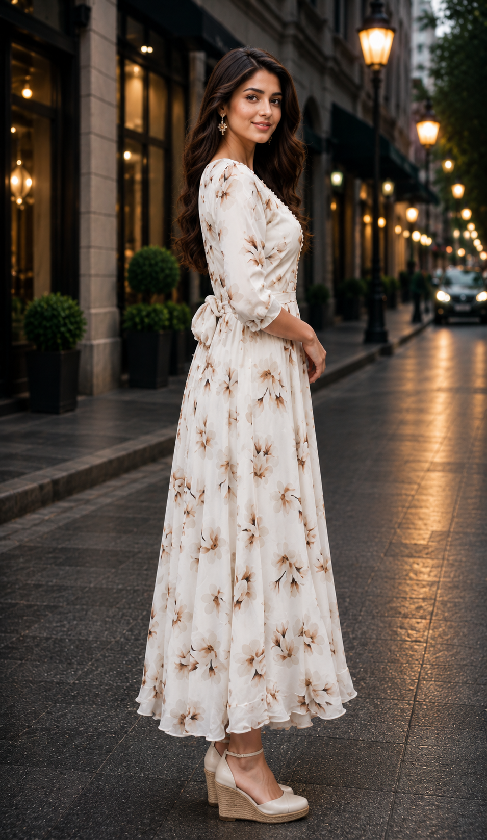 1595FL Women's Premium Ivory Floral Imported Fabric Designer Gown 1595FL-427-WHT - Image 3