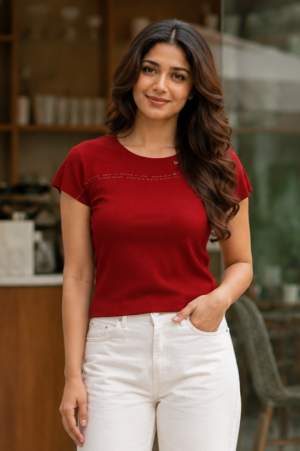 695EM Women's Premium Red Net Fabric Casual Top 695EM-427-RED
