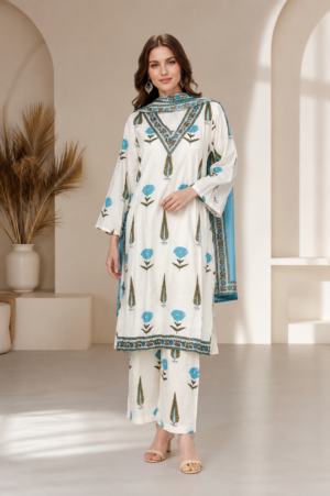 Women’s White Cotton Printed Kurta Pant Set with Dupatta K3695FL-449-OFF WHT