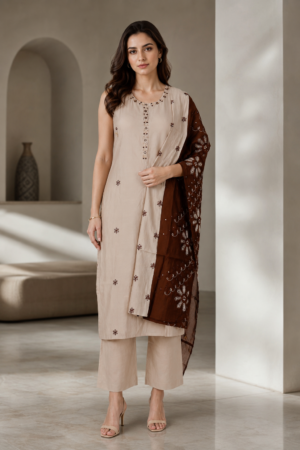 Women's Cotton Embroidered Kurta Set with Embroidered Dupatta – Beige & Brown 2437EM-445-BGE