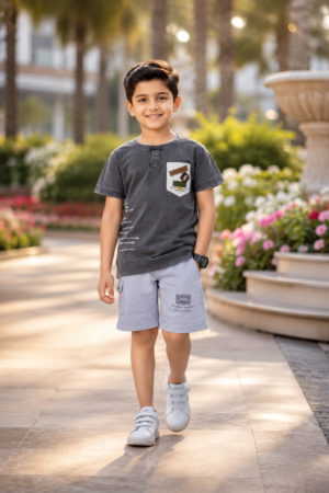 Boys' Imported Cotton Blend Printed T-Shirt & Shorts Co-ord Set – Dark Grey & Light Grey 2014PL-268-GRY