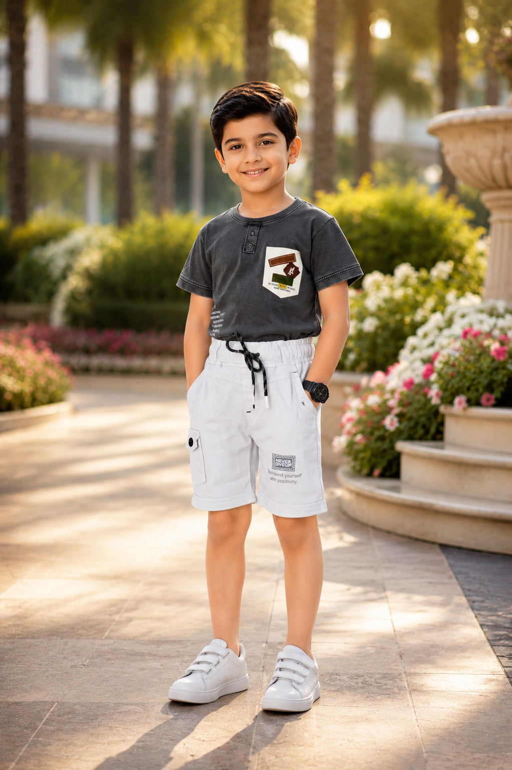 Boys' Imported Cotton Blend Printed T-Shirt & Shorts Co-ord Set – Dark Grey & Light Grey 2014PL-268-GRY - Image 4