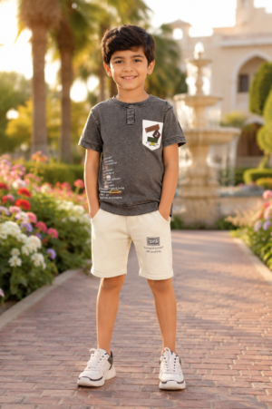 Boys' Imported Printed T-Shirt & Shorts Co-Ord Set – Charcoal Grey & Camel Shorts 2014PL-268-CML