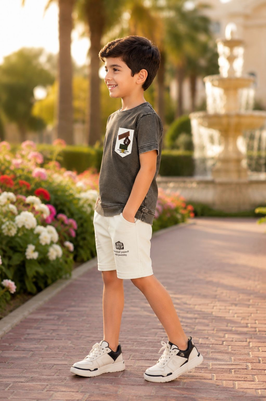 Boys' Imported Printed T-Shirt & Shorts Co-Ord Set – Charcoal Grey & Camel Shorts 2014PL-268-CML - Image 4