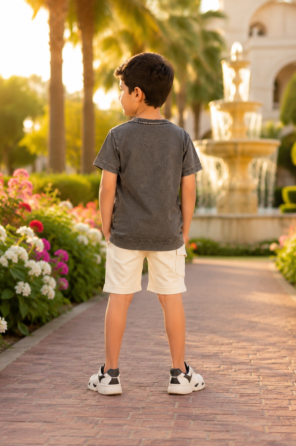 Boys' Imported Printed T-Shirt & Shorts Co-Ord Set – Charcoal Grey & Camel Shorts 2014PL-268-CML - Image 5