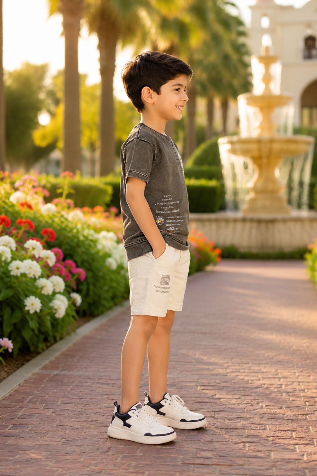 Boys' Imported Printed T-Shirt & Shorts Co-Ord Set – Charcoal Grey & Camel Shorts 2014PL-268-CML - Image 2