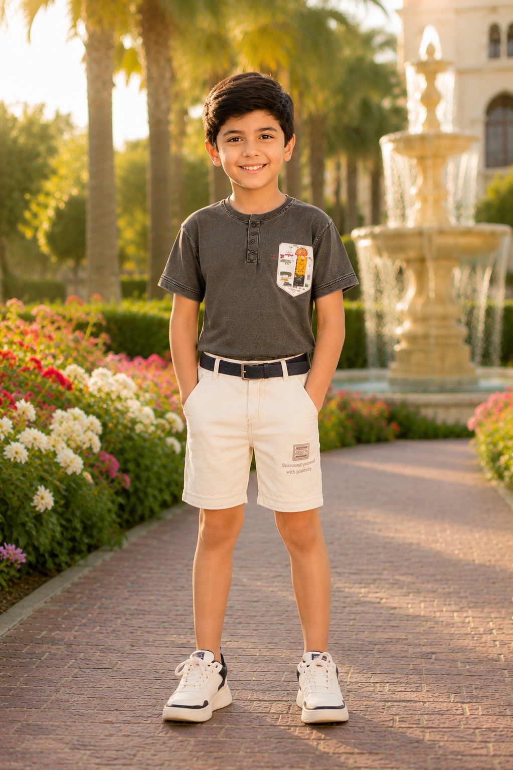 Boys' Imported Printed T-Shirt & Shorts Co-Ord Set – Charcoal Grey & Camel Shorts 2014PL-268-CML - Image 3