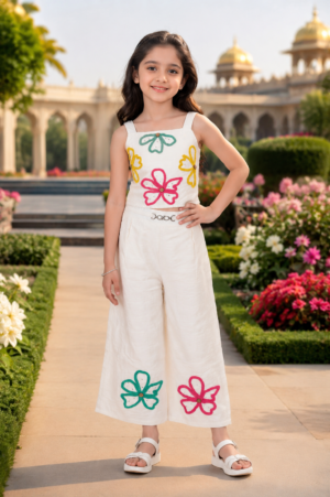 Girls White Imported Sequin Co-Ord Set with Colorful Floral Embroidery 862FL-450-WHT