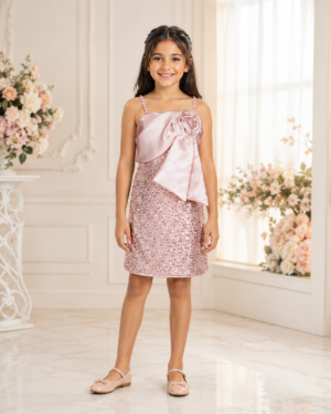 Girls Blush Pink Imported Sequin Party Dress with Satin Bow & Flower 26116EM-450-PNK