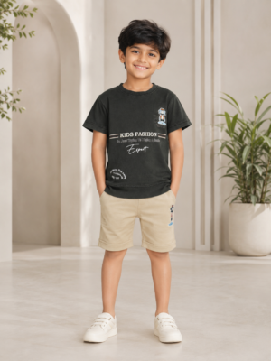 Boys' Imported Printed T-Shirt & Shorts Co-Ord Set – Black & Beige 2066PL-268-GRY-GRN