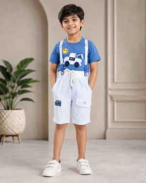 Boys' Imported Car Print T-Shirt & Striped Shorts with Suspenders Co-Ord Set – Blue & White 6480PL-268-BLU