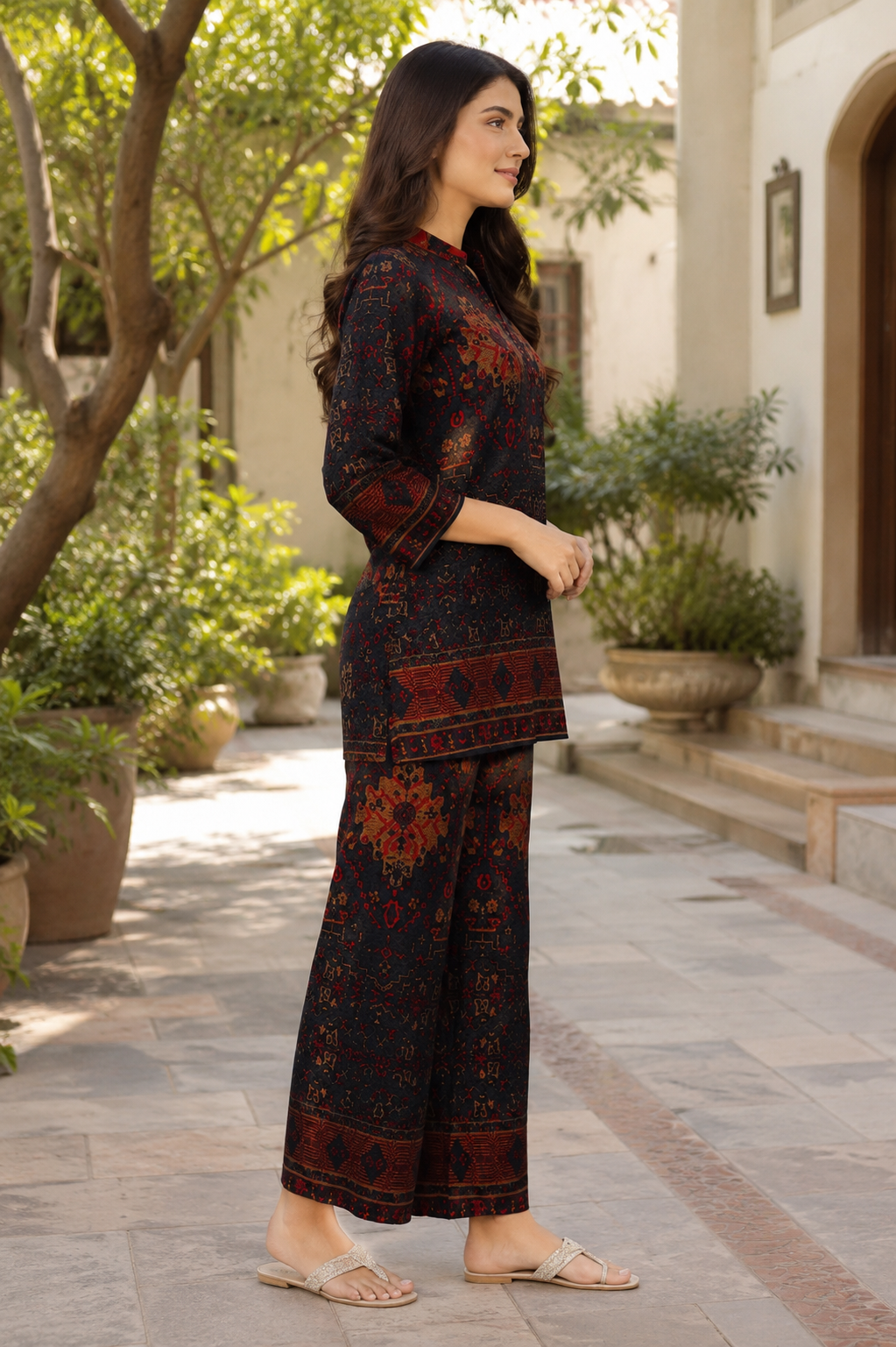 Imported Fabric Printed Ladies Co-ord Set – Black Ethnic Print Kurti with Wide-Leg Pants 595PT-24-MLT - Image 5
