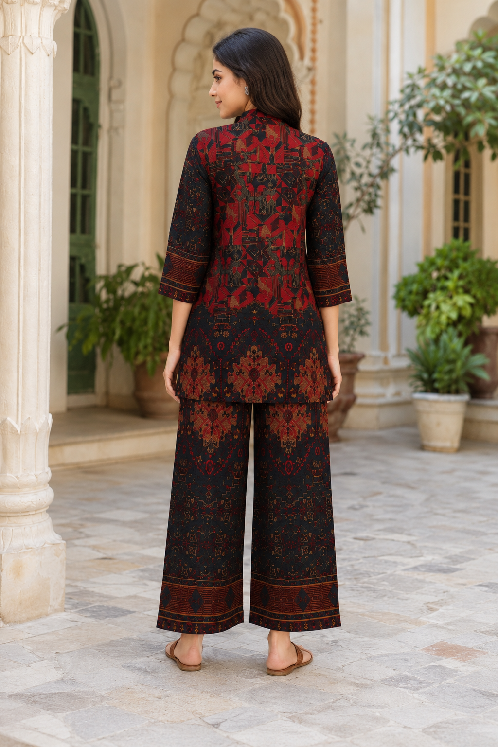 Imported Fabric Printed Ladies Co-ord Set – Black Ethnic Print Kurti with Wide-Leg Pants 595PT-24-MLT - Image 2