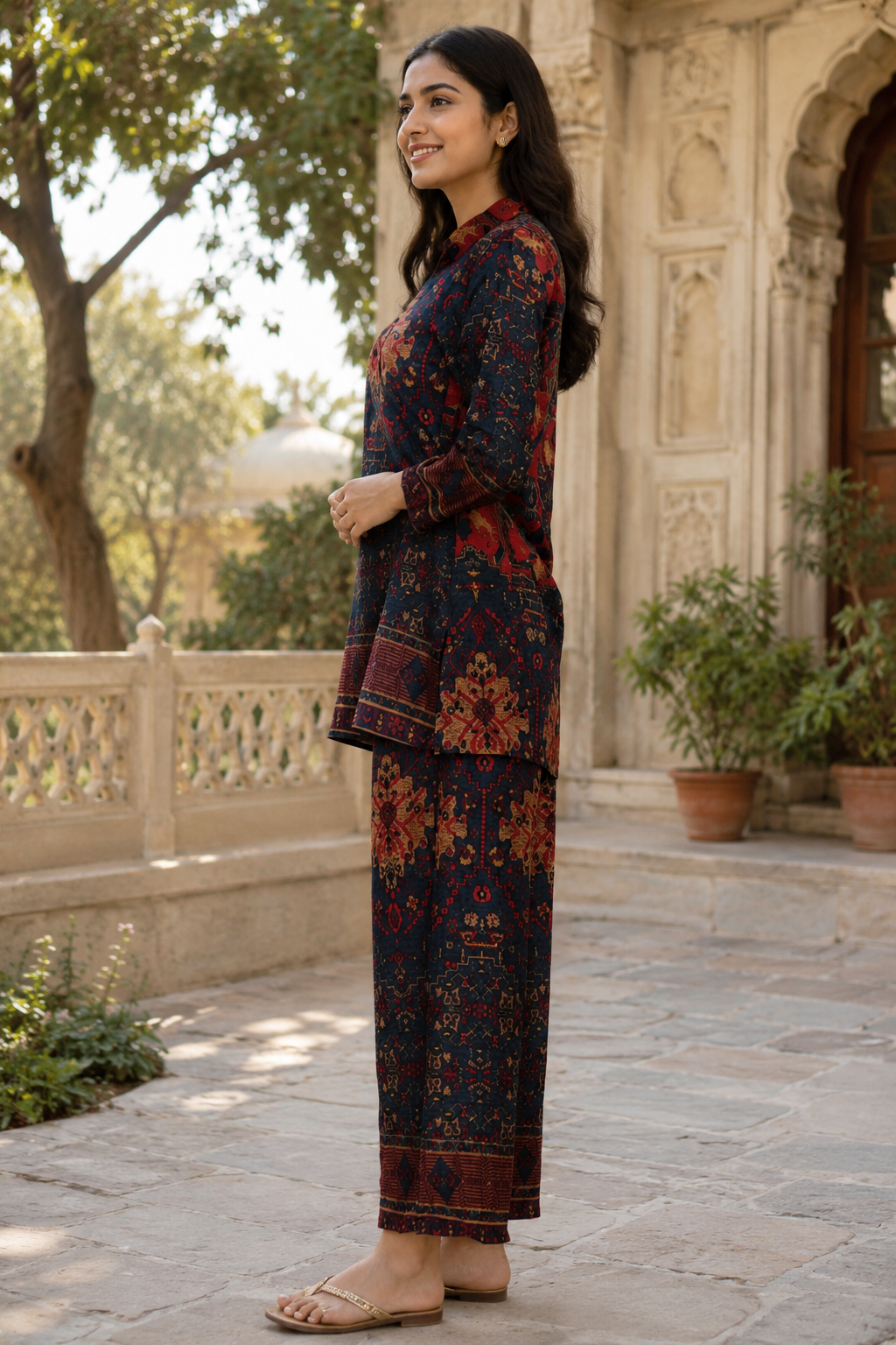 Imported Fabric Printed Ladies Co-ord Set – Black Ethnic Print Kurti with Wide-Leg Pants 595PT-24-MLT - Image 3