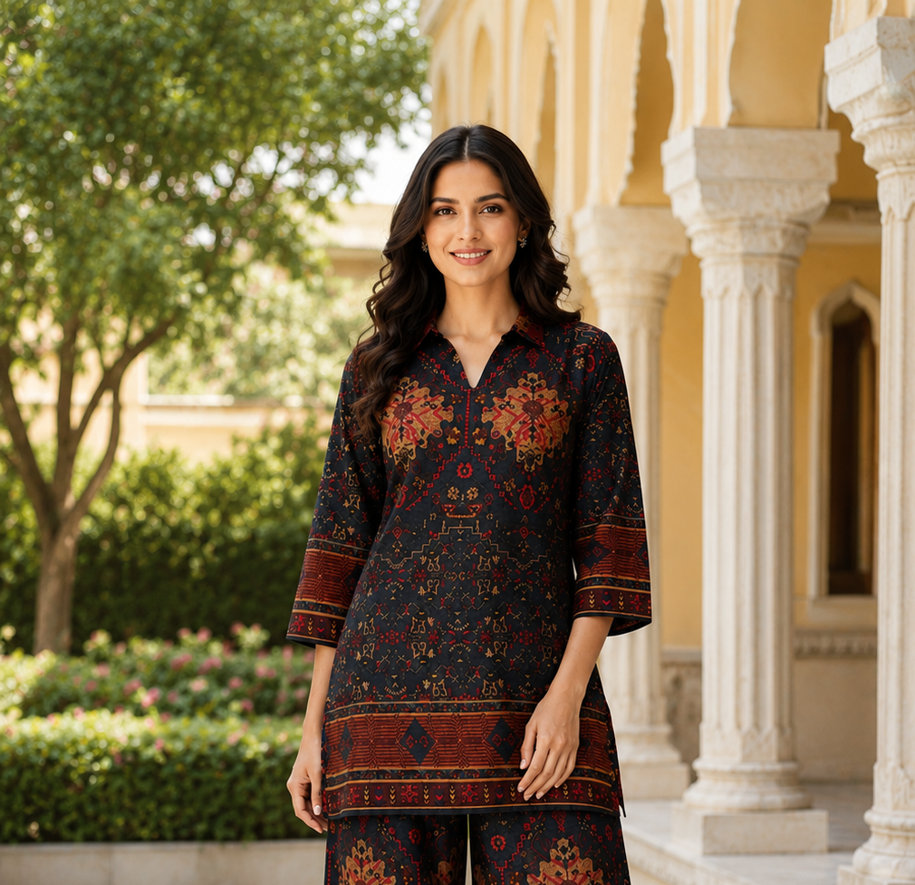 Imported Fabric Printed Ladies Co-ord Set – Black Ethnic Print Kurti with Wide-Leg Pants 595PT-24-MLT - Image 4