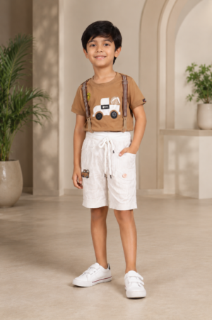 Boys' Imported Car Print T-Shirt & Striped Shorts with Suspenders Co-Ord Set – Camel Brown & White 6480PL-268-FWN