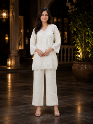 Elegant White Imported Fabric Co-ord Set for Women 1303DFL-449-WHT