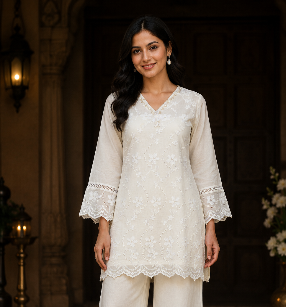 Elegant White Imported Fabric Co-ord Set for Women 1303DFL-449-WHT - Image 2
