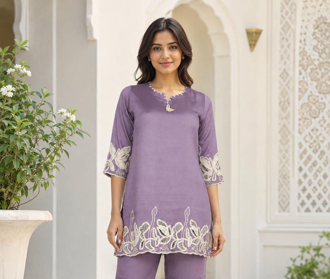 Women’s Lavender Imported Fabric Embroidered Co-ord Set 1495PL-427-PPL - Image 5