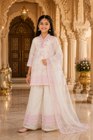 G2849 Elegant Blush Pink Girls Ethnic Kurta Palazzo Set G2849-246-CRM