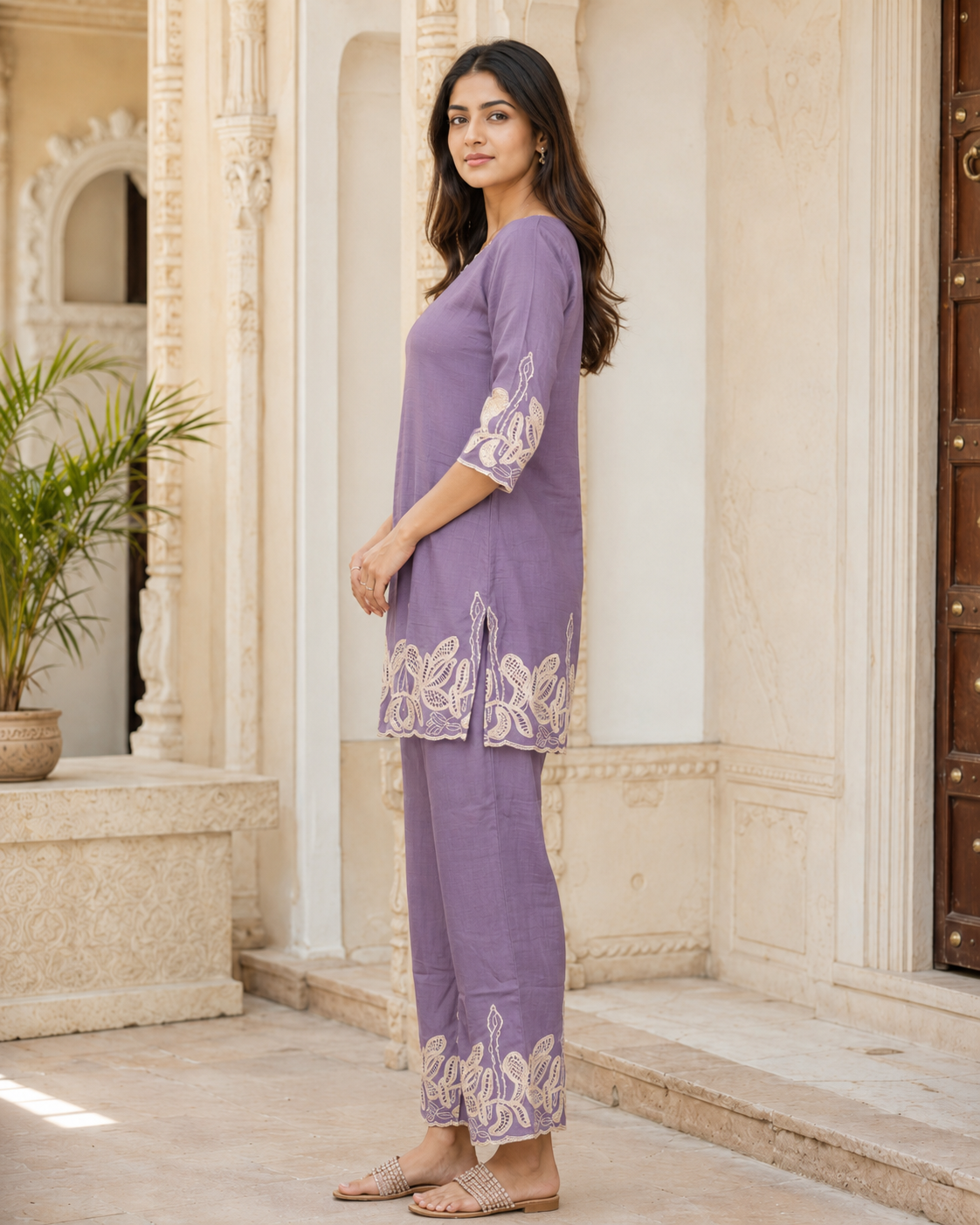 Women’s Lavender Imported Fabric Embroidered Co-ord Set 1495PL-427-PPL - Image 4