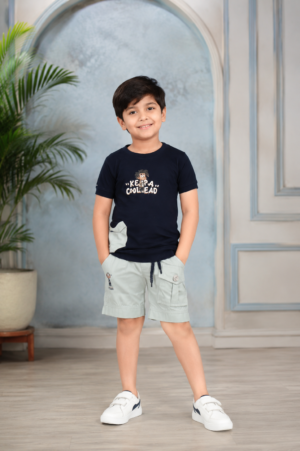 Boys' Imported Printed T-Shirt & Cargo Shorts Co-Ord Set – Navy Blue & Ice Blue 6548PT-268-NVY