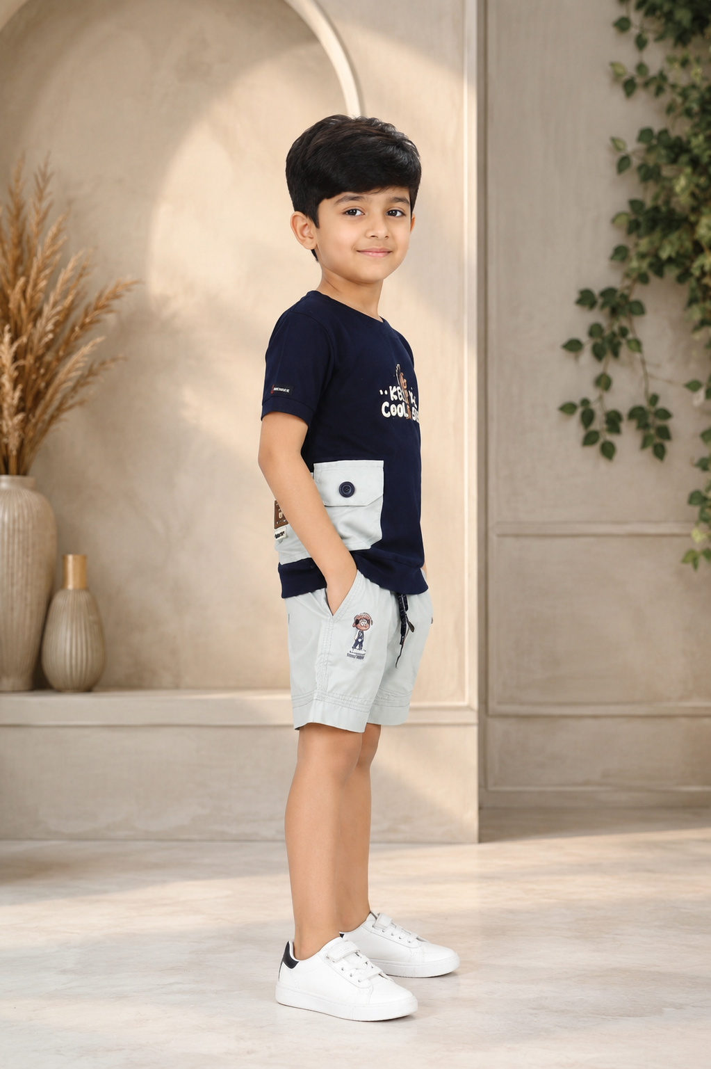 Boys' Imported Printed T-Shirt & Cargo Shorts Co-Ord Set – Navy Blue & Ice Blue 6548PT-268-NVY - Image 4
