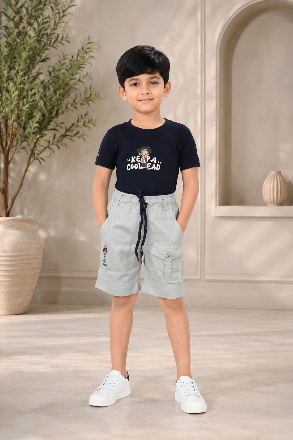 Boys' Imported Printed T-Shirt & Cargo Shorts Co-Ord Set – Navy Blue & Ice Blue 6548PT-268-NVY - Image 3