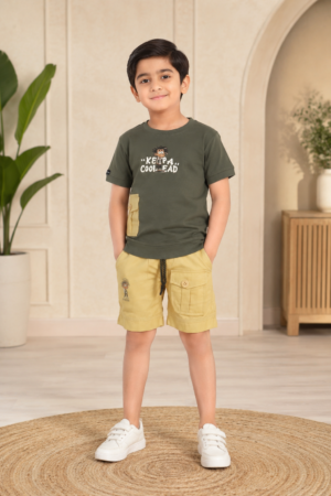 Boys' Imported Printed T-Shirt & Cargo Shorts Co-Ord Set – Olive Green & Mustard Yellow 6548PT-268-D.GRN