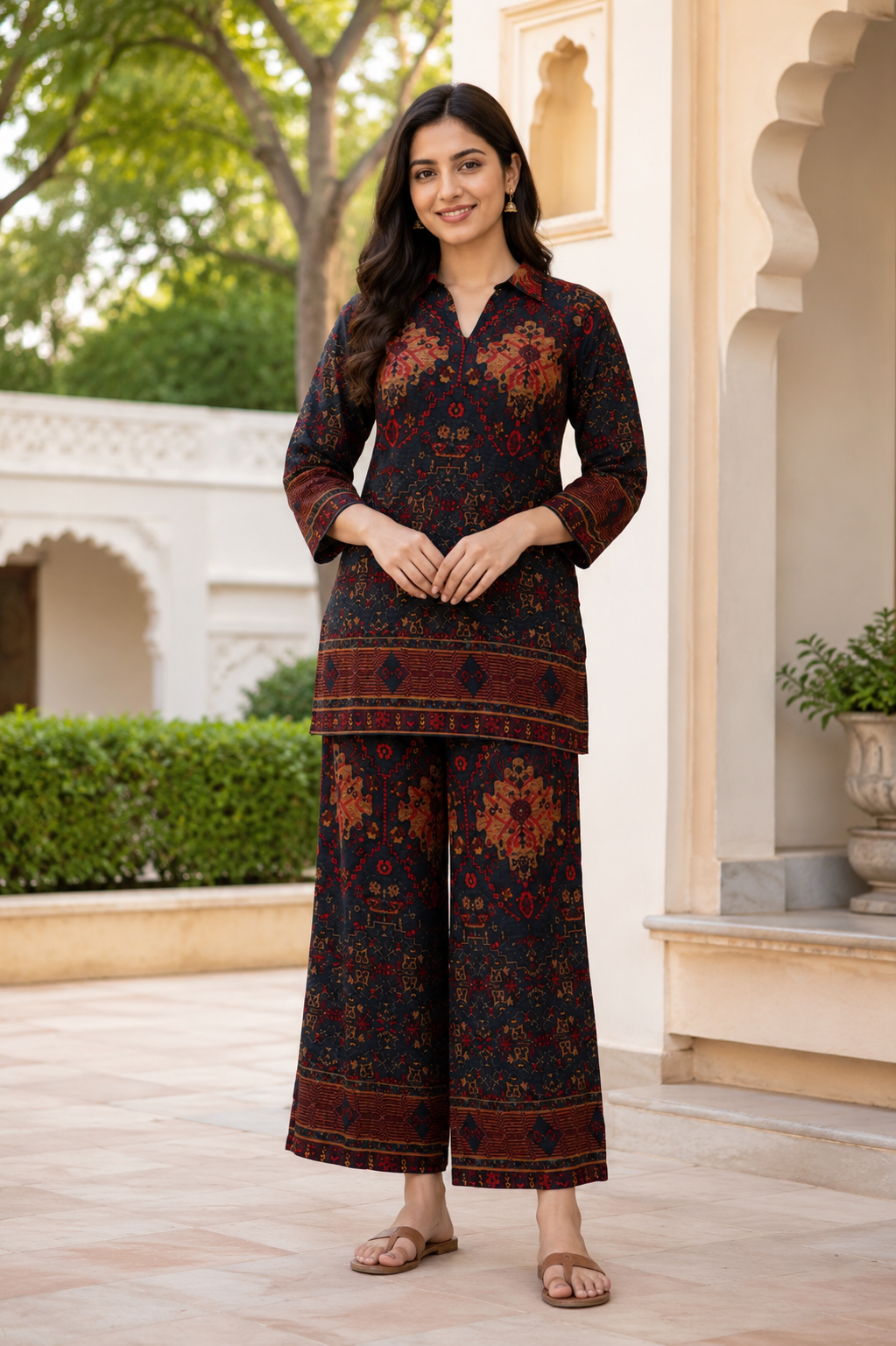 Imported Fabric Printed Ladies Co-ord Set – Black Ethnic Print Kurti with Wide-Leg Pants 595PT-24-MLT