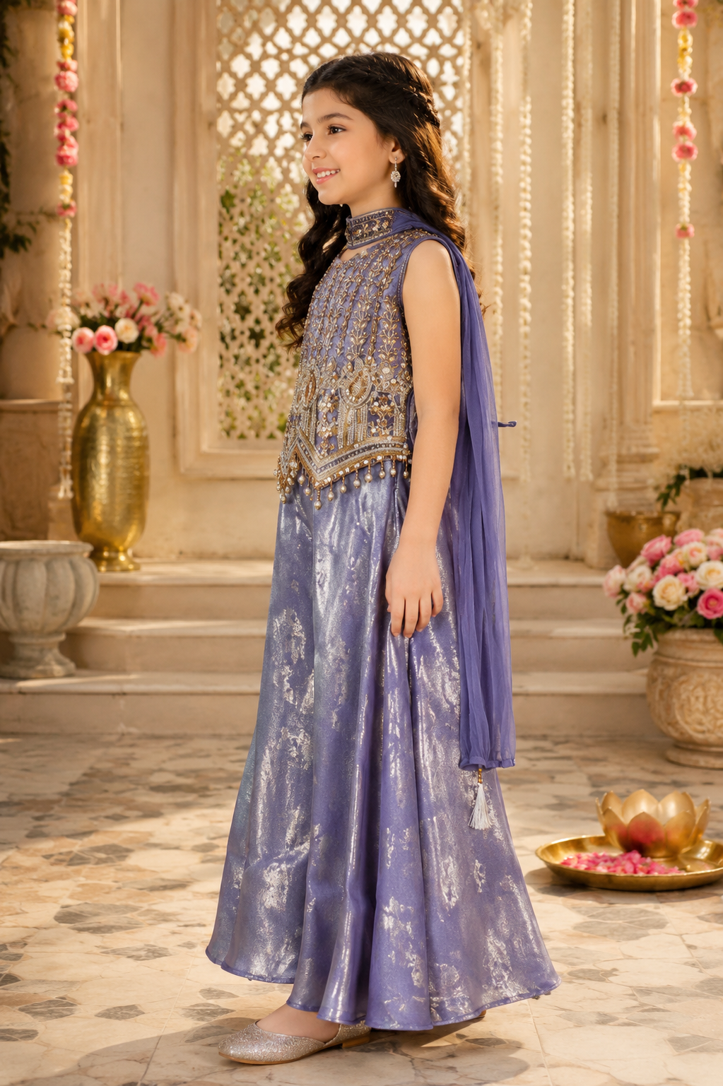Royal Lavender Embroidered Girls Party Wear Gown 9913C-448-LAV - Image 2