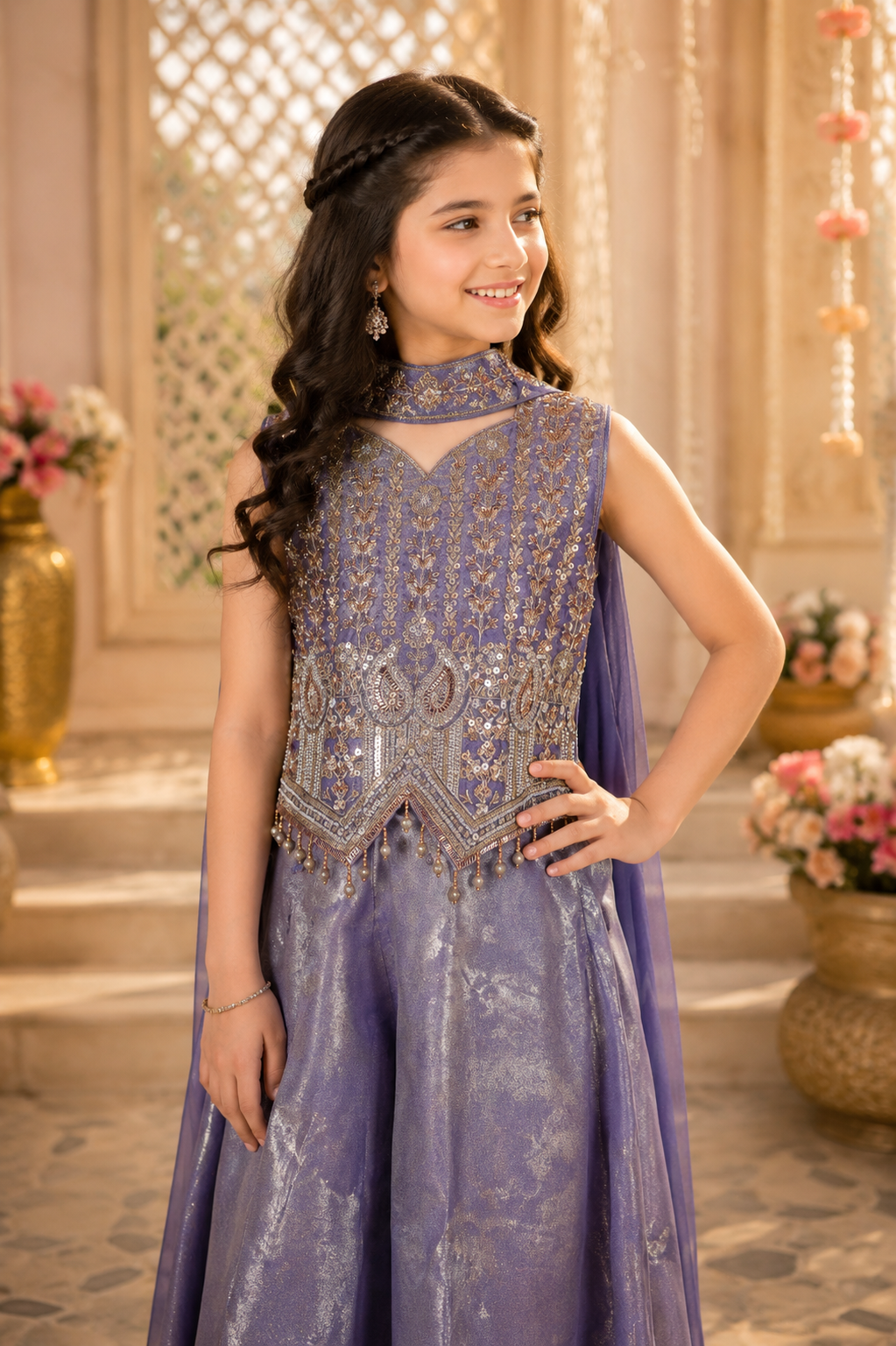Royal Lavender Embroidered Girls Party Wear Gown 9913C-448-LAV - Image 3