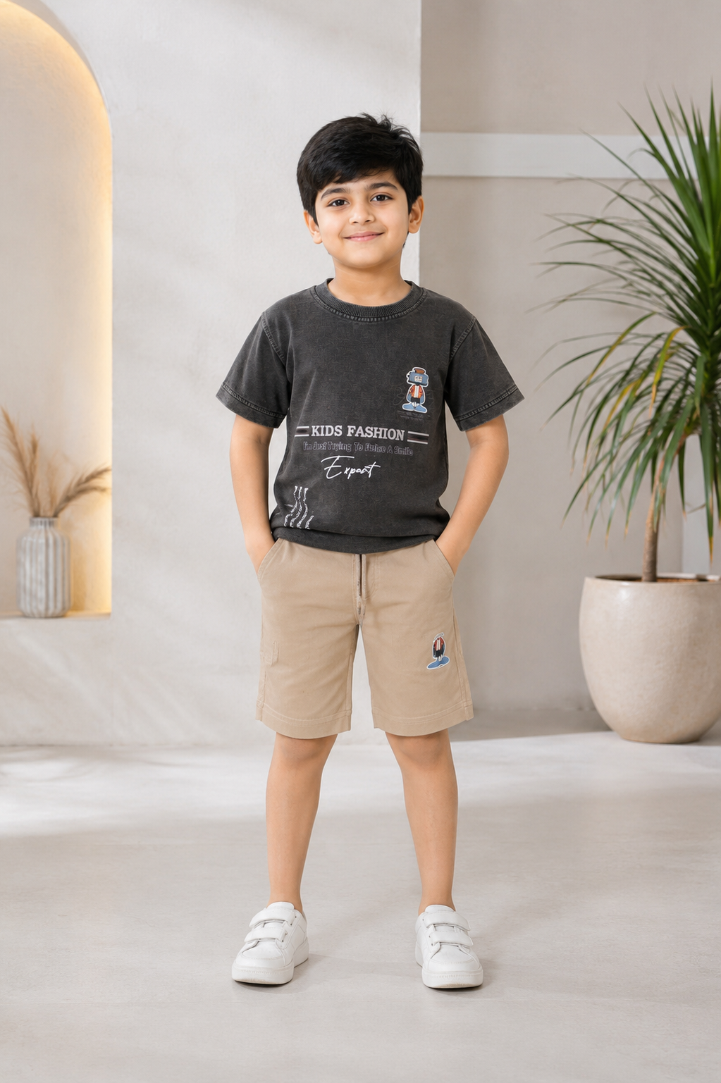 Boys' Imported Printed T-Shirt & Shorts Co-Ord Set – Washed Coffee & Khaki Beige 2066PL-268-CFE