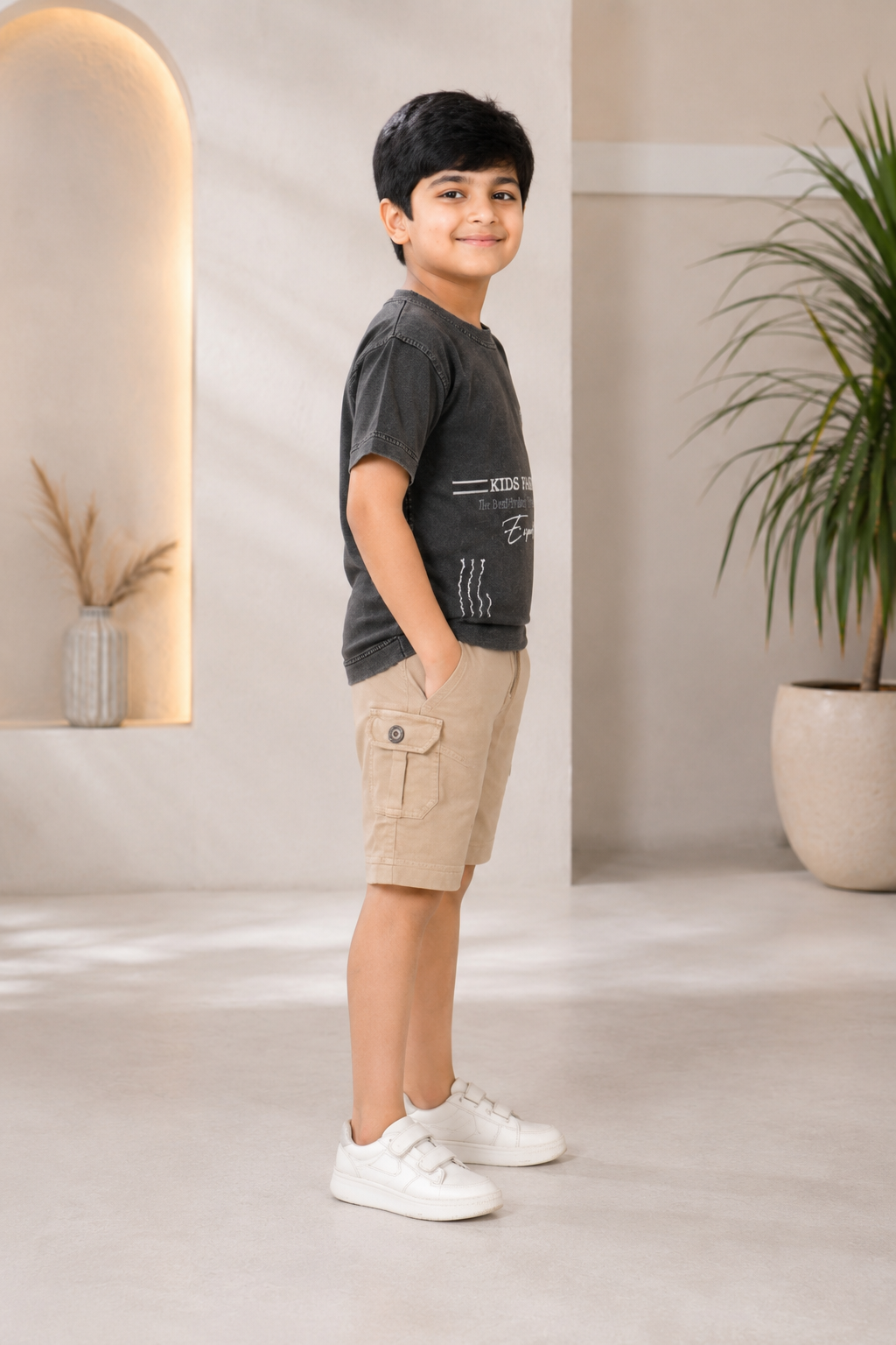 Boys' Imported Printed T-Shirt & Shorts Co-Ord Set – Washed Coffee & Khaki Beige 2066PL-268-CFE - Image 3