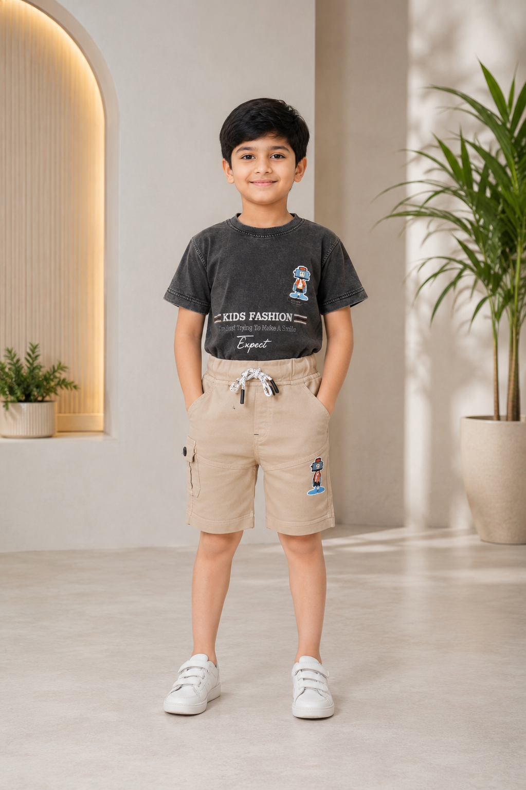 Boys' Imported Printed T-Shirt & Shorts Co-Ord Set – Washed Coffee & Khaki Beige 2066PL-268-CFE - Image 4