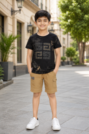 Boys’ Imported Fabric Printed T-Shirt & Cargo Shorts Set 13309LN-268-BLACK