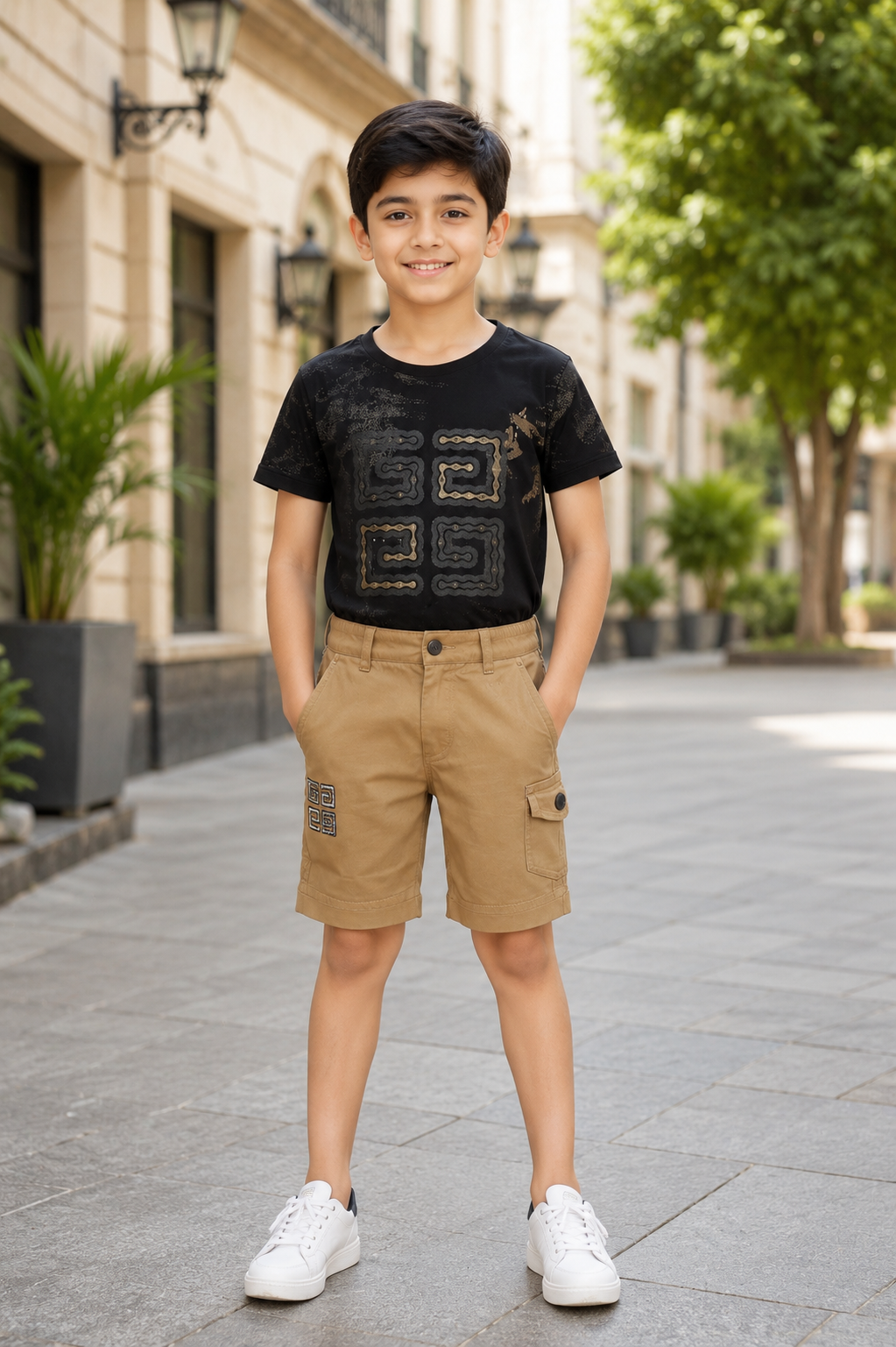 Boys’ Imported Fabric Printed T-Shirt & Cargo Shorts Set 13309LN-268-BLACK - Image 5