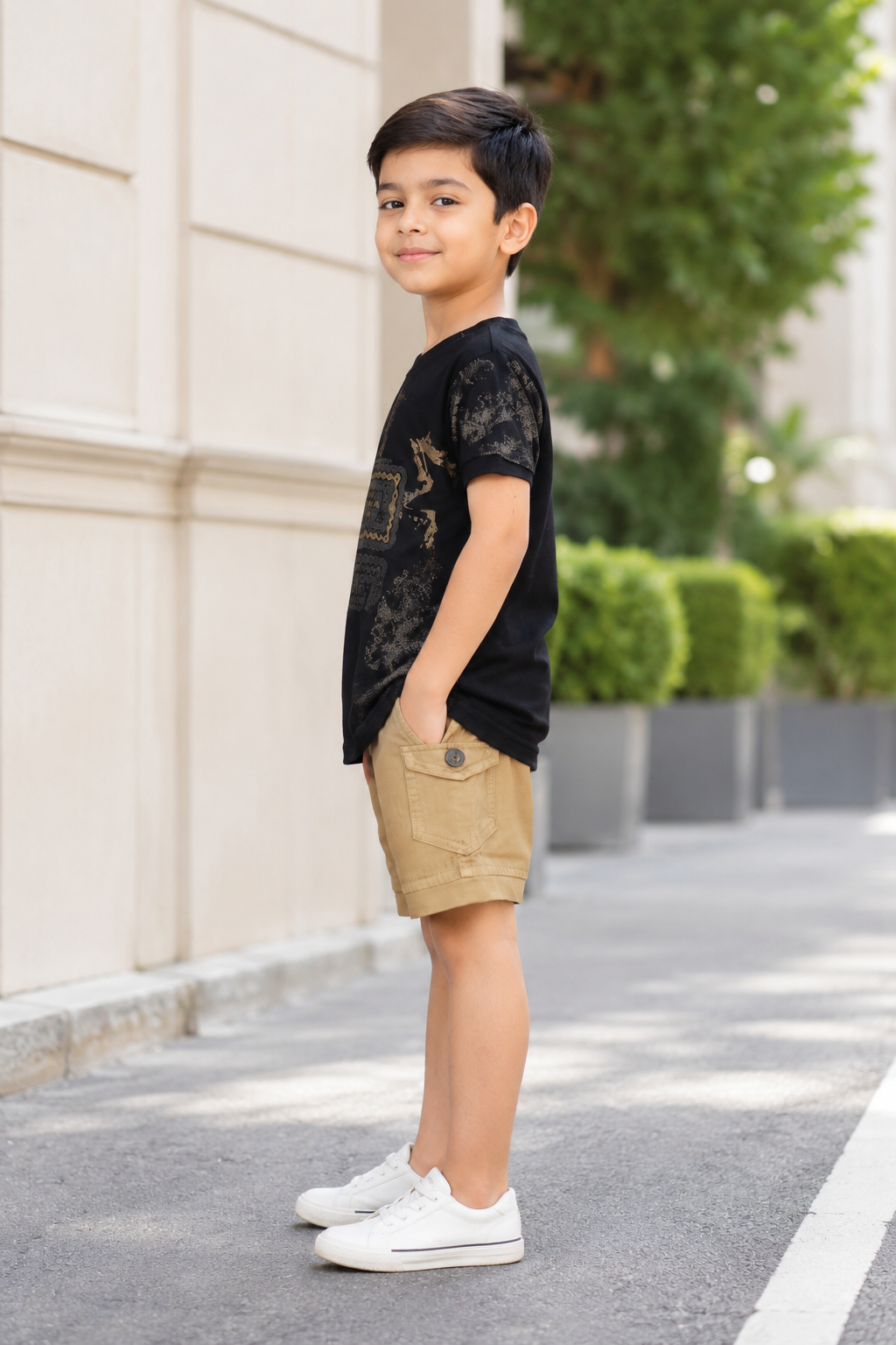 Boys’ Imported Fabric Printed T-Shirt & Cargo Shorts Set 13309LN-268-BLACK - Image 2