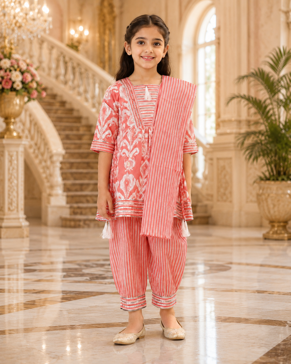 Elegant Coral Pink Girls Ethnic Kurta Patiala Set H1152-246-PCH