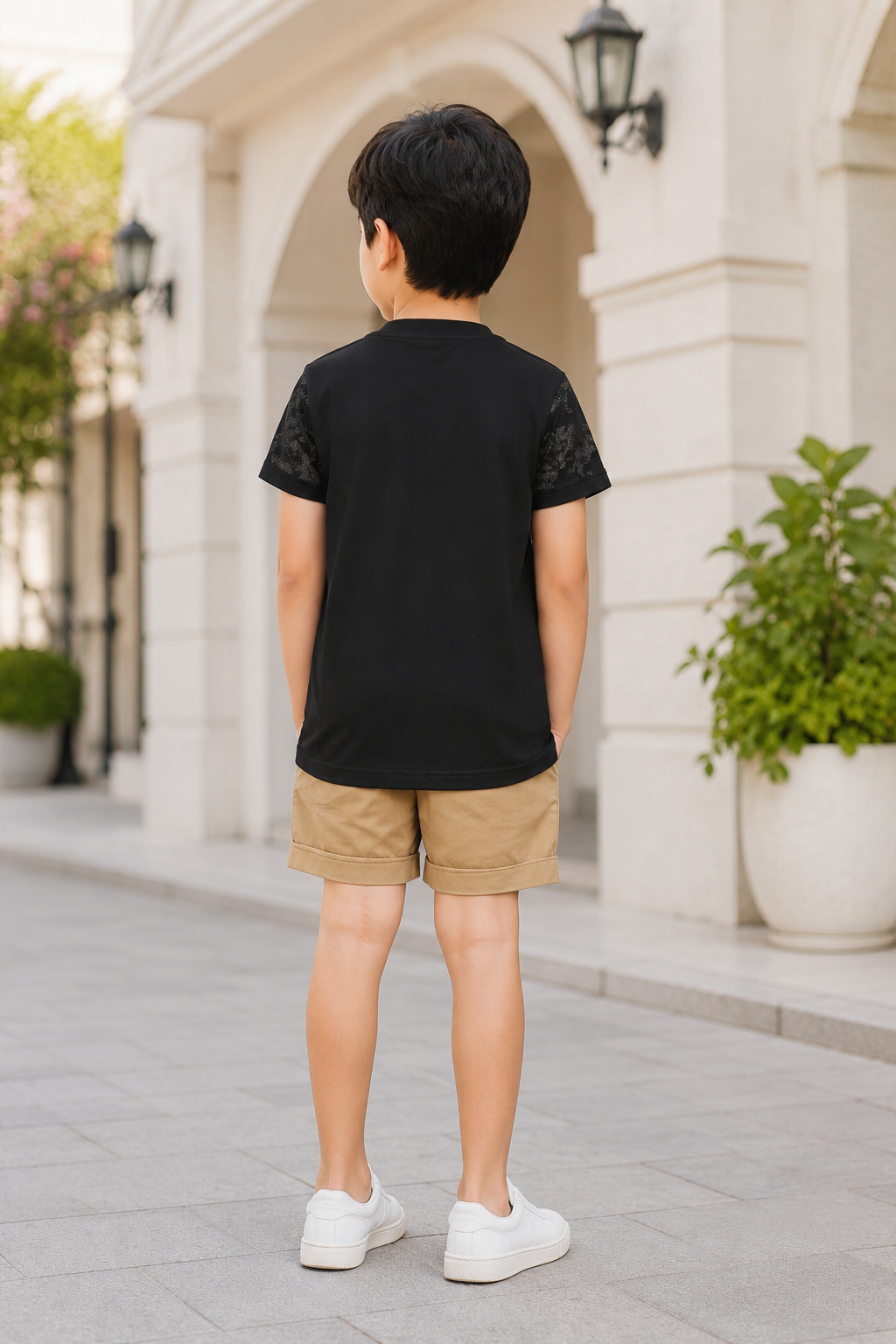 Boys’ Imported Fabric Printed T-Shirt & Cargo Shorts Set 13309LN-268-BLACK - Image 3