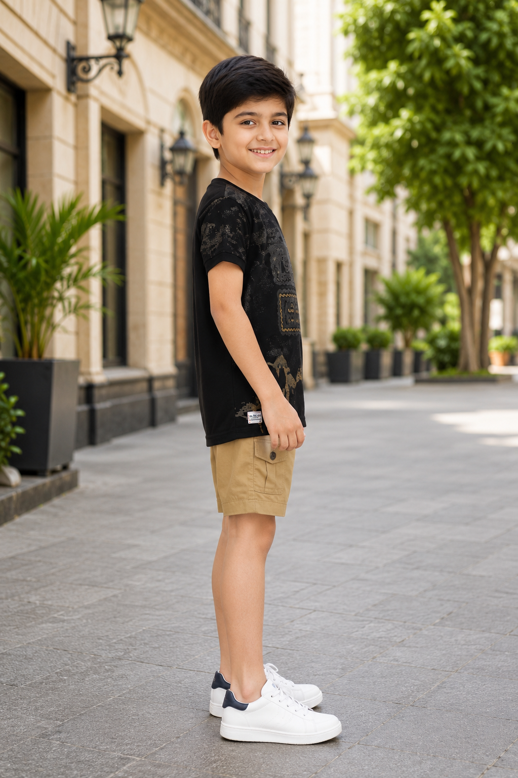 Boys’ Imported Fabric Printed T-Shirt & Cargo Shorts Set 13309LN-268-BLACK - Image 4