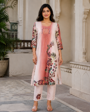 Women’s Peach Floral Imported Fabric Kurta Pant Set 40029PT-427-ORG