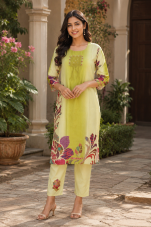 Women’s Lime Green Imported Fabric Kurta Pant Set 40029PT-441-GRN