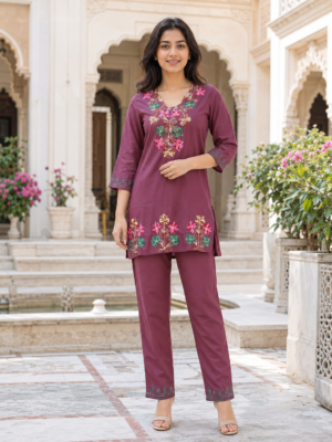 Women’s Wine Embroidered Imported Fabric Kurta Pant Set  CS4148FL-441-ONN