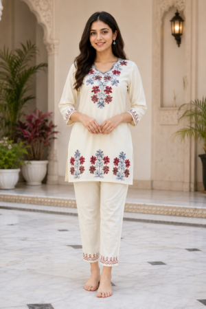 Women’s Ivory Embroidered Imported Fabric Kurta Pant Set CS41152FL-441-OF WHT