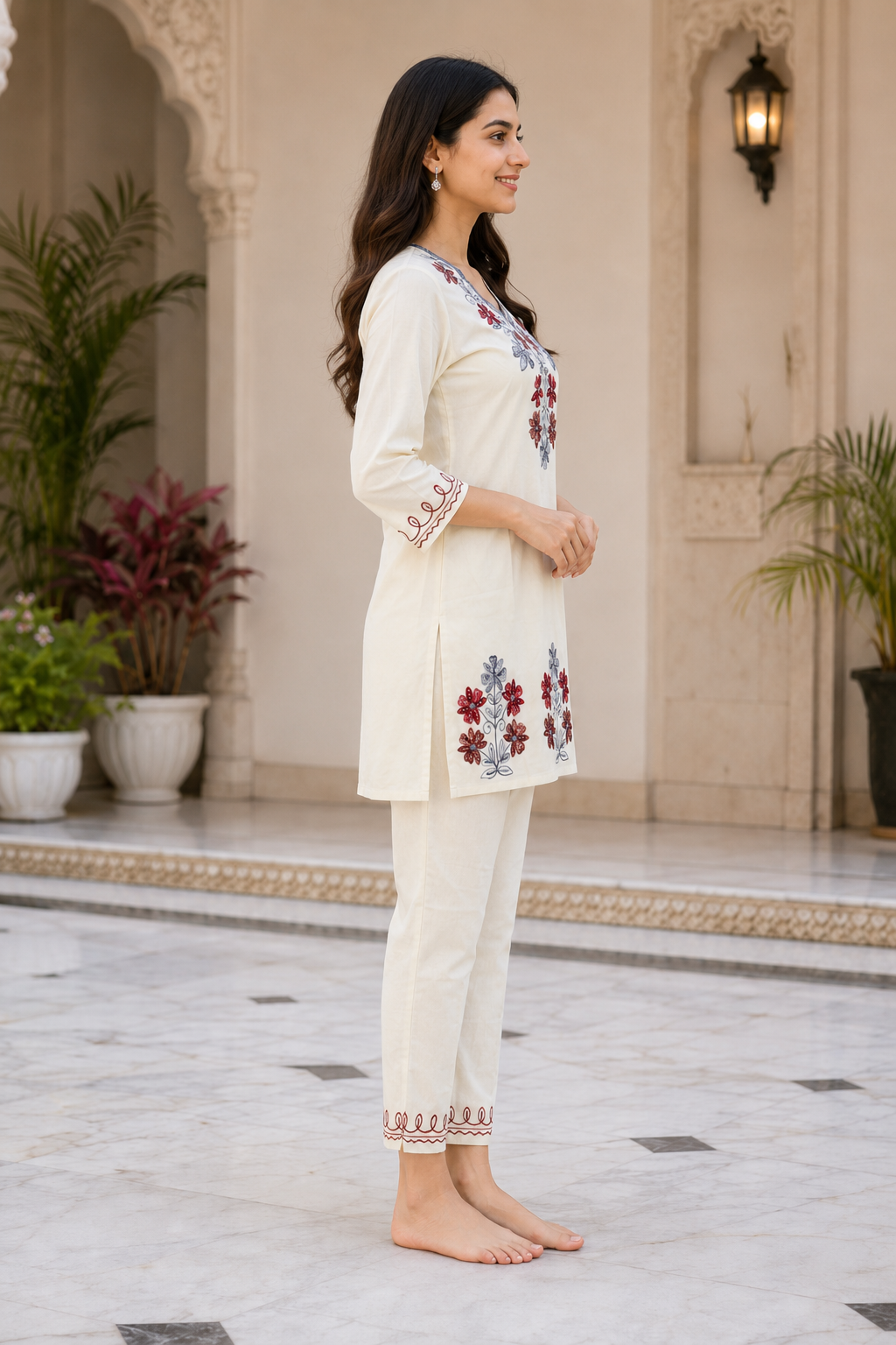 Women’s Ivory Embroidered Imported Fabric Kurta Pant Set CS41152FL-441-OF WHT - Image 3