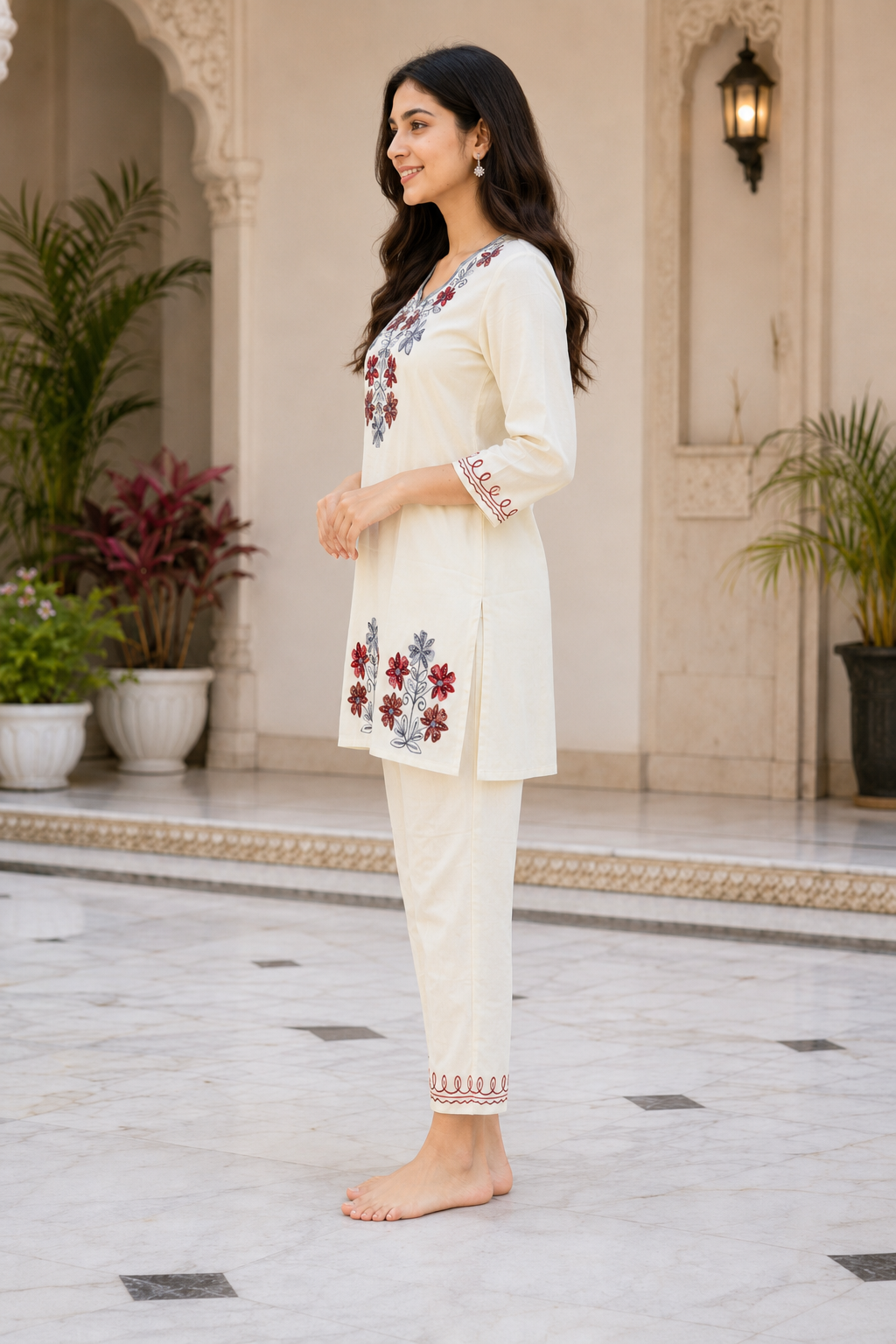 Women’s Ivory Embroidered Imported Fabric Kurta Pant Set CS41152FL-441-OF WHT - Image 4